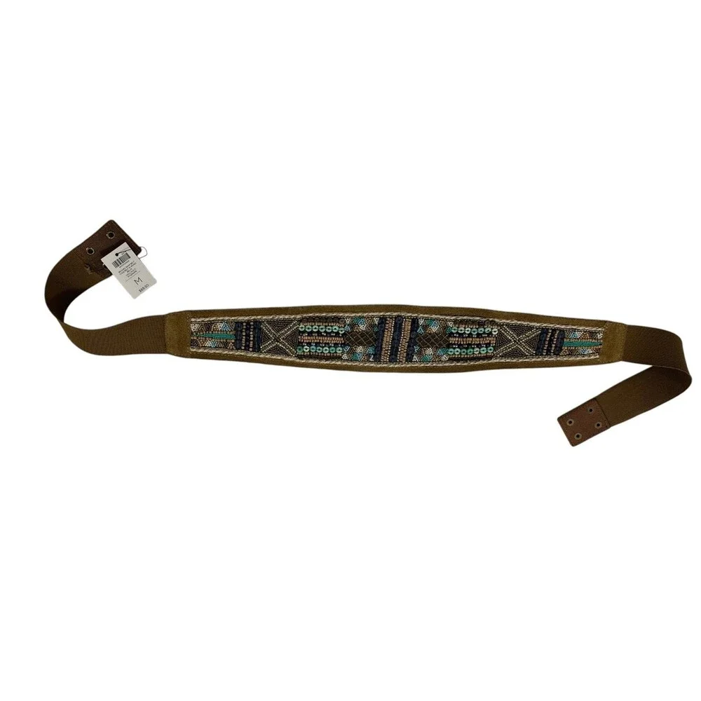 Chico's Leather Beaded Wide Belt Women’s Sz M NWT Snap Multi-color Statement